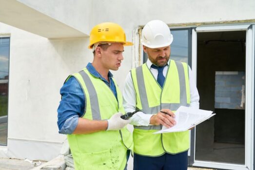 Two construction workers examine the contract at the construction site.
